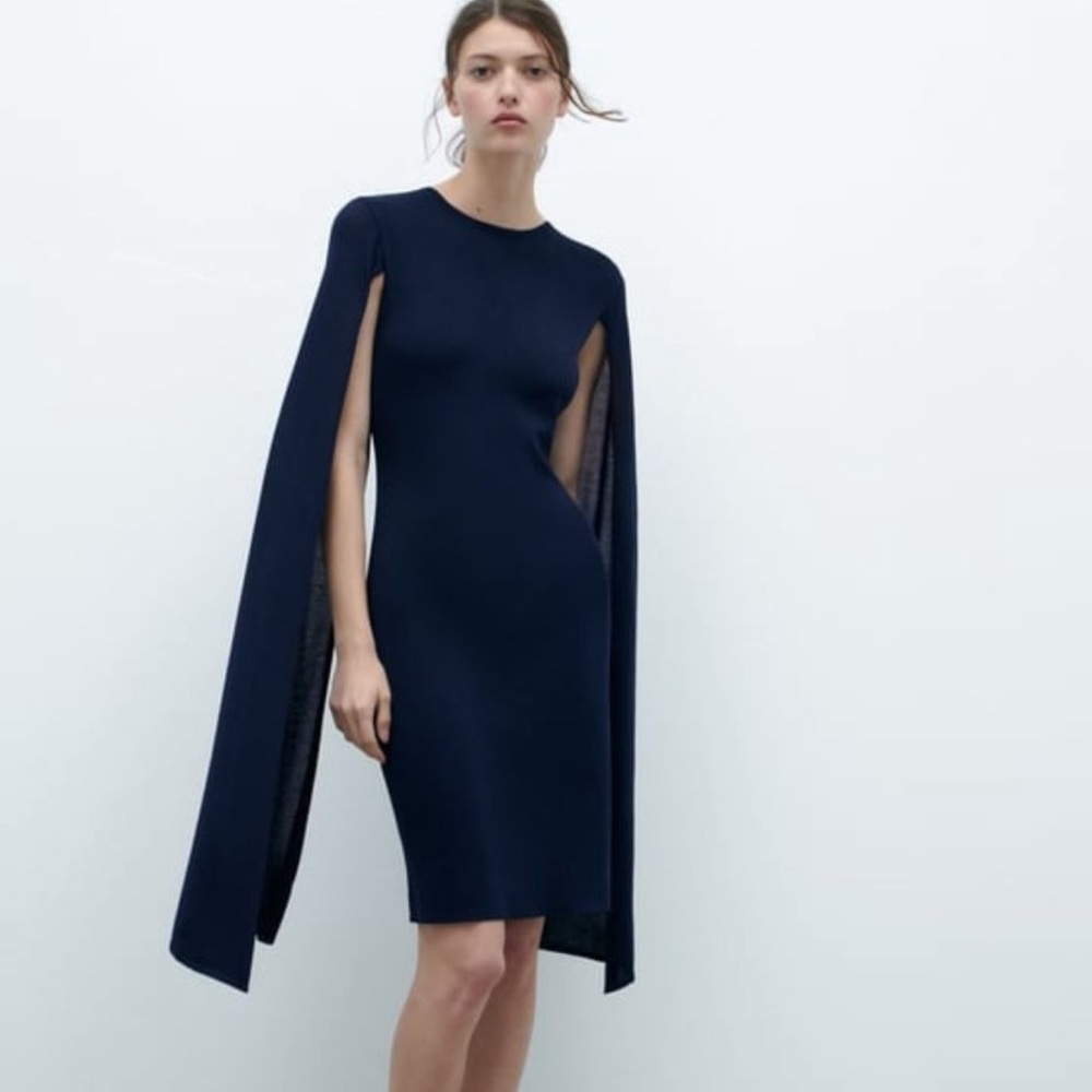 Zara Navy Blue Body Con Stretch Knit Cape Mini Dress S NWT